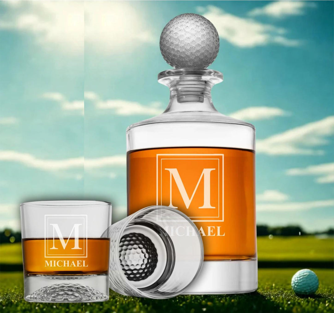Golf Whiskey Decanter Set with Embossed Ball Topper – Personalized Laser Etched Liquor Bottle Decanter and Glasses