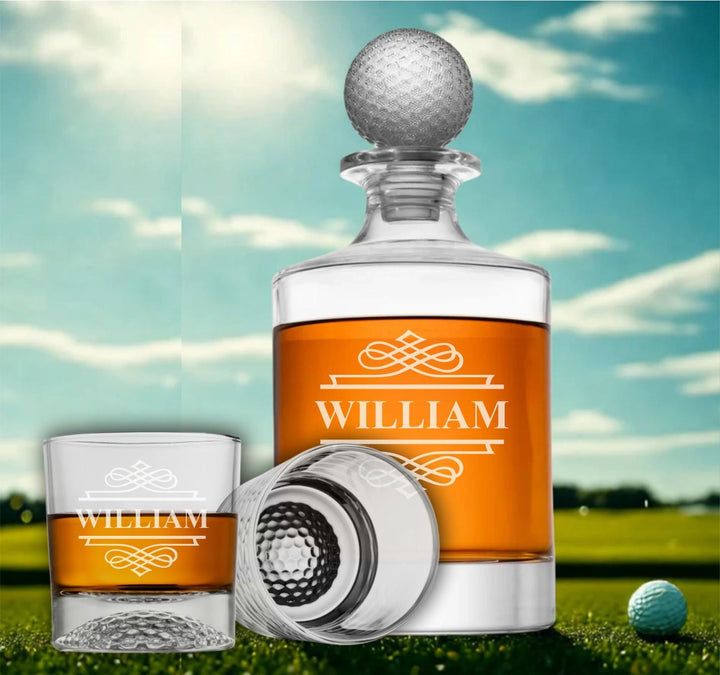 Christmas Golf Whiskey Decanter Set with Embossed Golf Ball Topper & Personalized Glasses – Laser Engraved Gift for Golfers