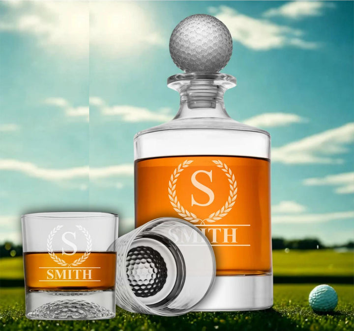 Christmas Golf Whiskey Decanter Set with Embossed Golf Ball Topper & Personalized Glasses – Laser Engraved Gift for Golfers