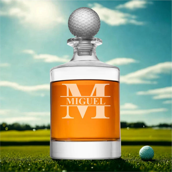 Golf Whiskey Decanter Set with Embossed Ball Topper – Personalized Laser Etched Liquor Bottle Decanter and Glasses