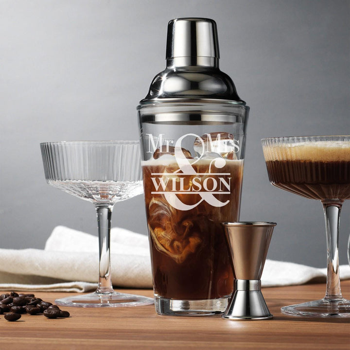 Personalized Cocktail Shaker Set – 6-Piece Crystal Martini Glasses, Shaker & Jigger, Wedding Shower or Engagement Gift