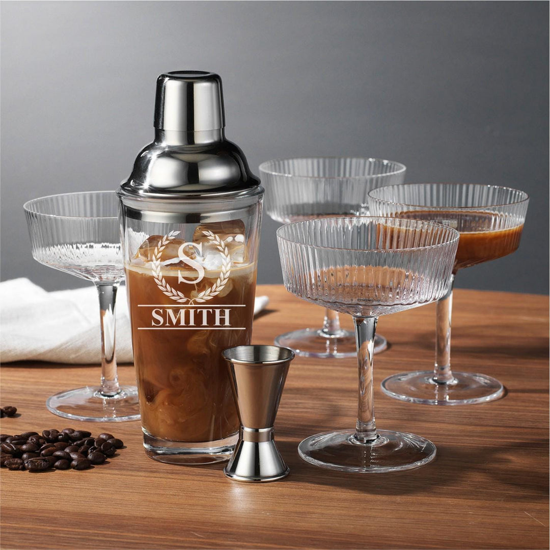 Personalized Cocktail Shaker Set – 6-Piece Crystal Martini Glasses, Shaker & Jigger, Wedding Shower or Engagement Gift