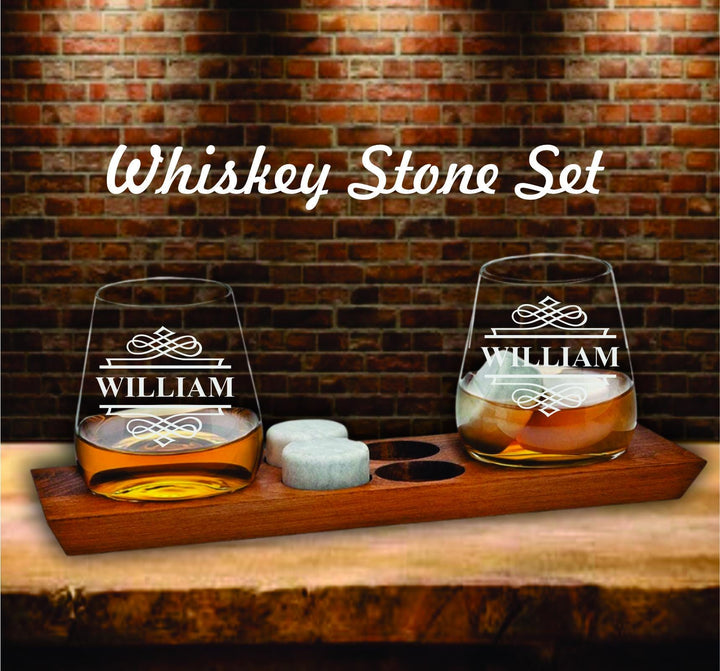 Whiskey Stones Gift Set – Personalized Bourbon Glasses Wood Tray - Engraved DOF Glasses