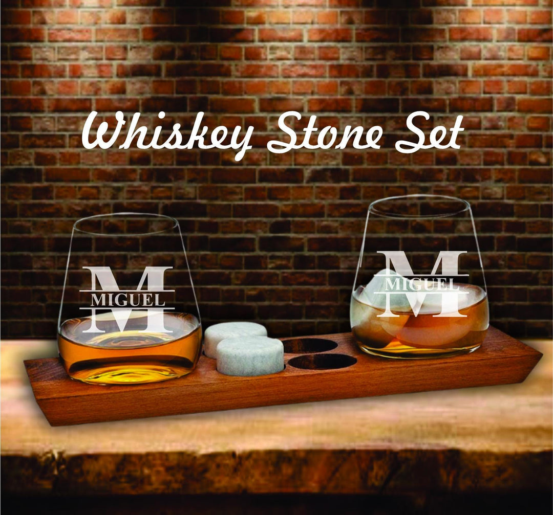 Personalized Bourbon Glasses Gift Set – Whiskey Stones & Wood Tray - Home Bar Drinkware Gift - Birthday