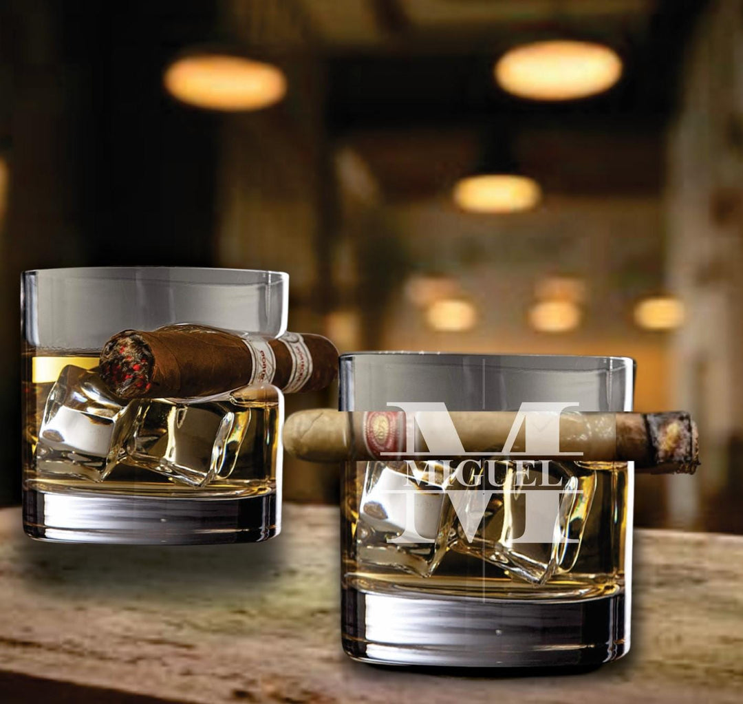 Cigar Whiskey Glass & Stones Gift Set – Personalized Bourbon Glasses - Elegant Wooden Gift Box Option - Christmas Gifting - Cigars Holder