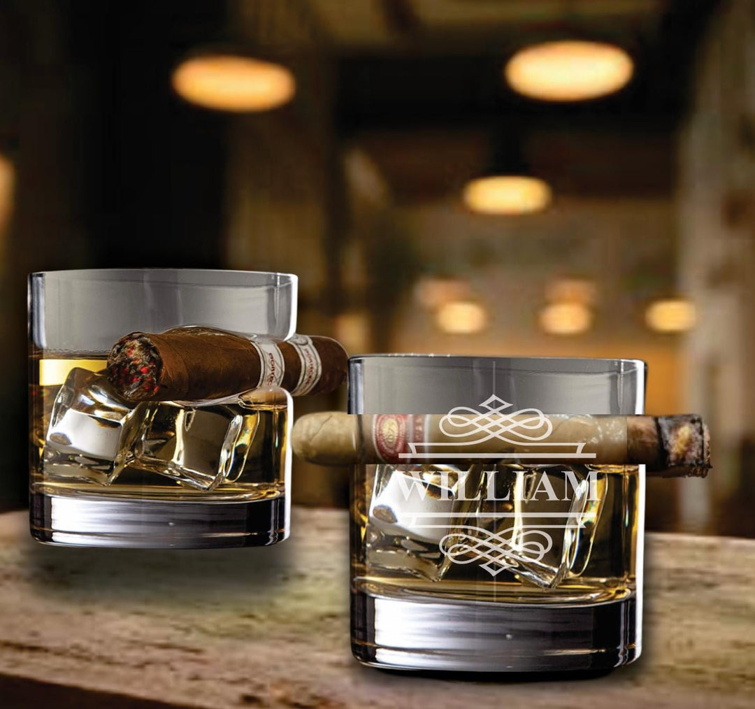 Personalized Whiskey Glass with Cigar Holder - Engraved Glasses - Bourbon & Cigar Lovers - Birthday Gift