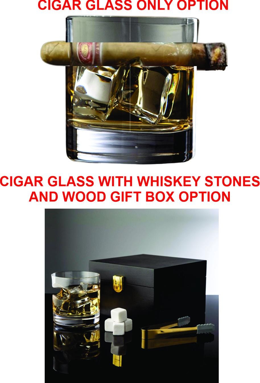 Whiskey Glass Cigar Holder & Stones Gift Set – Personalized Bourbon Glasses - Elegant Wooden Gift Box Option - Cigars Holder