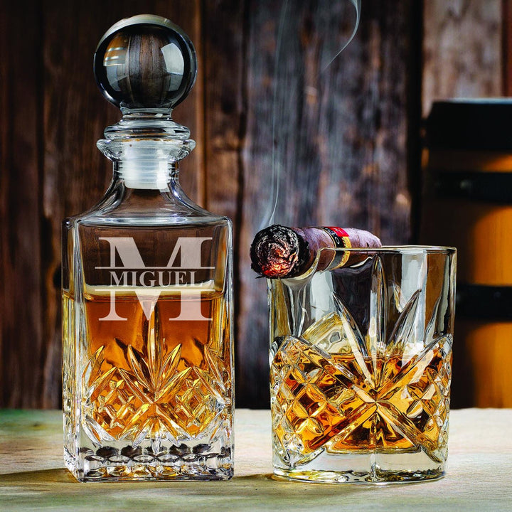 Whiskey & Rye Personalized Decanter Set – Comes with Mini Decanter and 9oz Cigar Holder Bourbon Glass - Barware Gift for Men - Home Bar