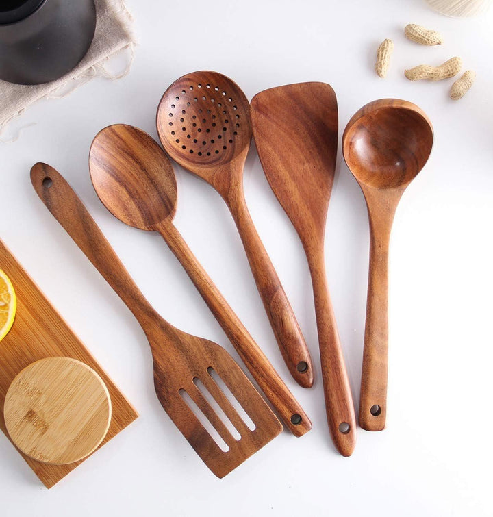 Teak Wooden Cooking Utensils Set of 6 • Natural Wood Kitchen Spoons & Spatulas with Holder • Wooden Spoon Set • Housewarming Gift