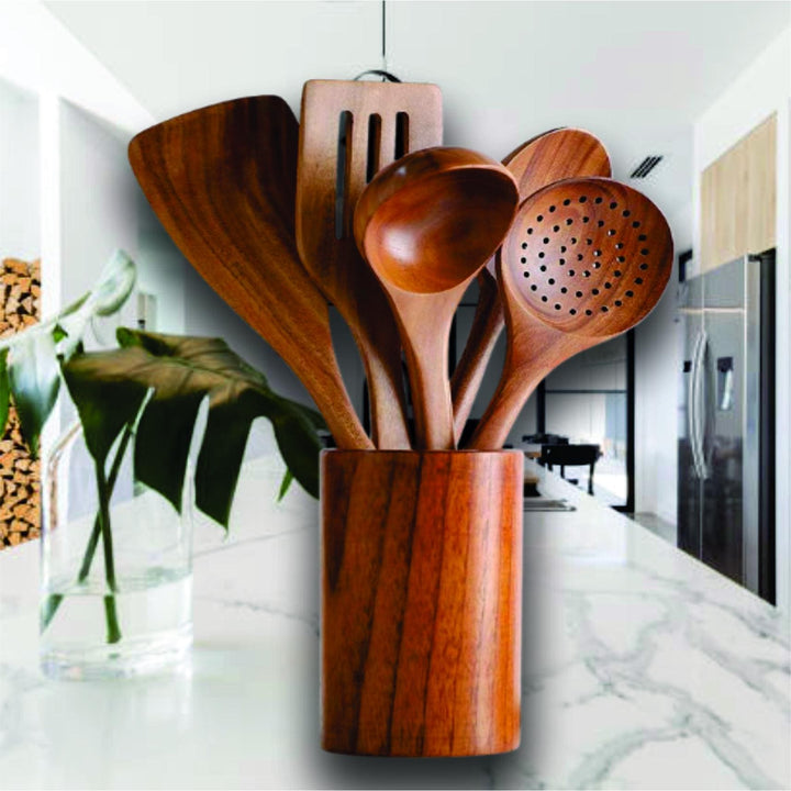 Teak Wooden Cooking Utensils Set of 6 • Natural Wood Kitchen Spoons & Spatulas with Holder • Wooden Spoon Set • Housewarming Gift