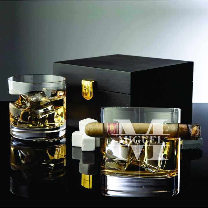 Whiskey Glass Cigar Holder & Stones Gift Set – Personalized Bourbon Glasses - Elegant Wooden Gift Box Option - Cigars Holder