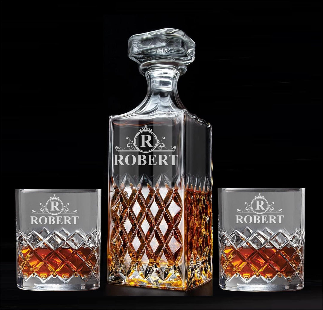 Engraved Whiskey Decanter Set - Bourbon Glass - Personalized Gifts for Men -