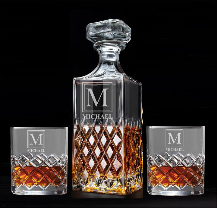 Personalized Glass Whiskey Decanter Set - Engraved Bourbon Glasses - Gifts for Men