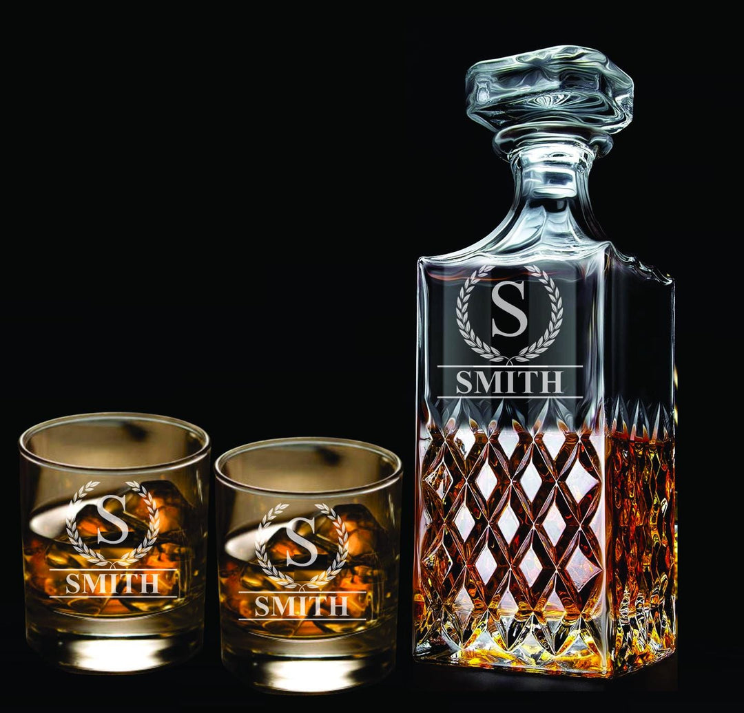 Personalized Whiskey Decanter with Engraved Rocks Glass - Customized Gift for Men and Husbands