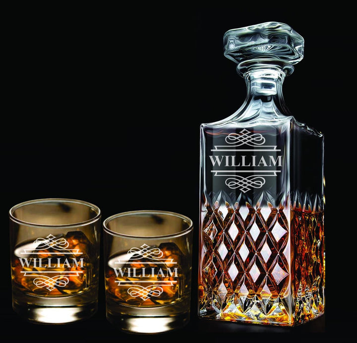 Personalized Whiskey Decanter with Engraved Rocks Glass - Customized Gift for Men and Husbands