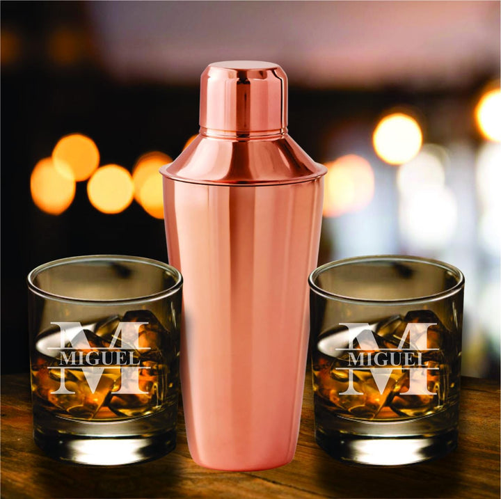 Copper Cocktail Shaker Set 23 oz with Strainer - Engraved Rocks Glasses – Personalized Martini Barware