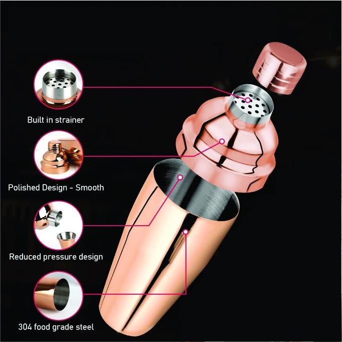 Rose Gold Cocktail Shaker Set with Built-In Strainer - Engraved Whiskey Glasses – Personalized Wedding Bar Gift Set - Couples Gifts