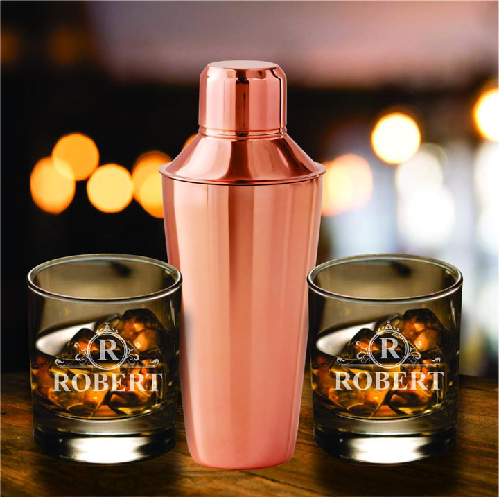 Copper Cocktail Shaker Set – Personalized Martini Maker - Engraved Whiskey Glasses – Custom Barware -for Men - Home Bar Gift Set