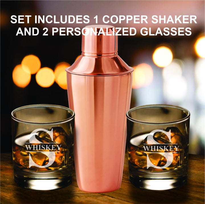 Copper Cocktail Shaker Set 23 oz with Strainer - Engraved Rocks Glasses – Personalized Martini Barware