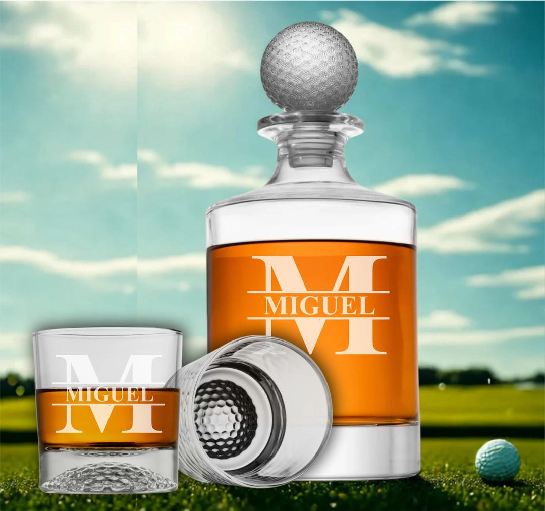 Golf Whiskey Decanter Set with Embossed Golf Ball Topper – Personalized Laser Engraved Glass Liquor Bottle