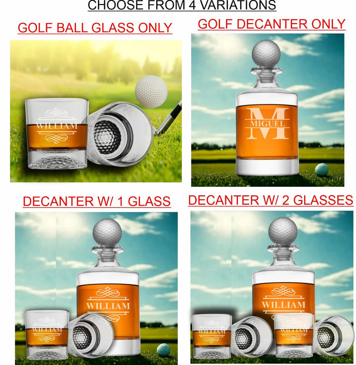 Golf Whiskey Decanter Set with Embossed Ball Topper – Personalized Laser Etched Liquor Bottle Decanter and Glasses