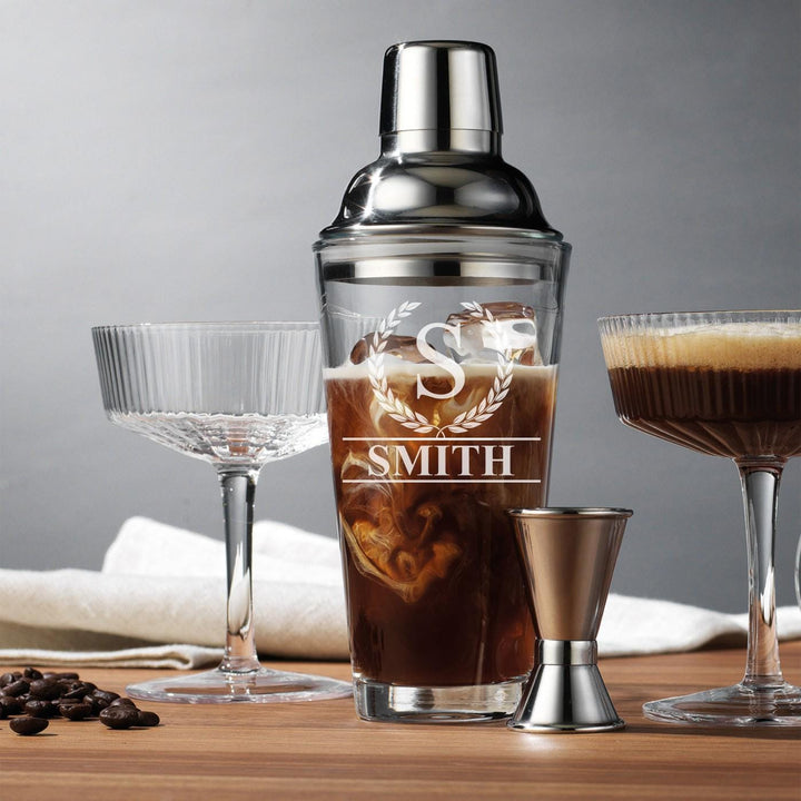 Personalized Cocktail Shaker Set – 6-Piece Crystal Martini Glasses, Shaker & Jigger, Wedding Shower or Engagement Gift