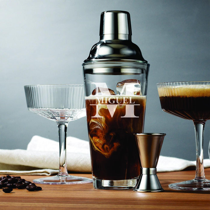 Engraved Espresso Martini Set – Crystal Coupes, Personalized Cocktail Shaker Gift with Glasses - Barware Gifts