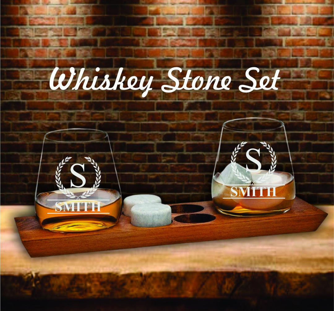 Whiskey Stones Gift Set – Personalized Bourbon Glasses Wood Tray - Engraved DOF Glasses