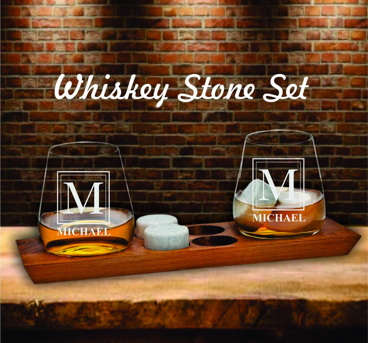 Whiskey Stones Gift Set – Personalized Bourbon Glasses Wood Tray - Engraved DOF Glasses