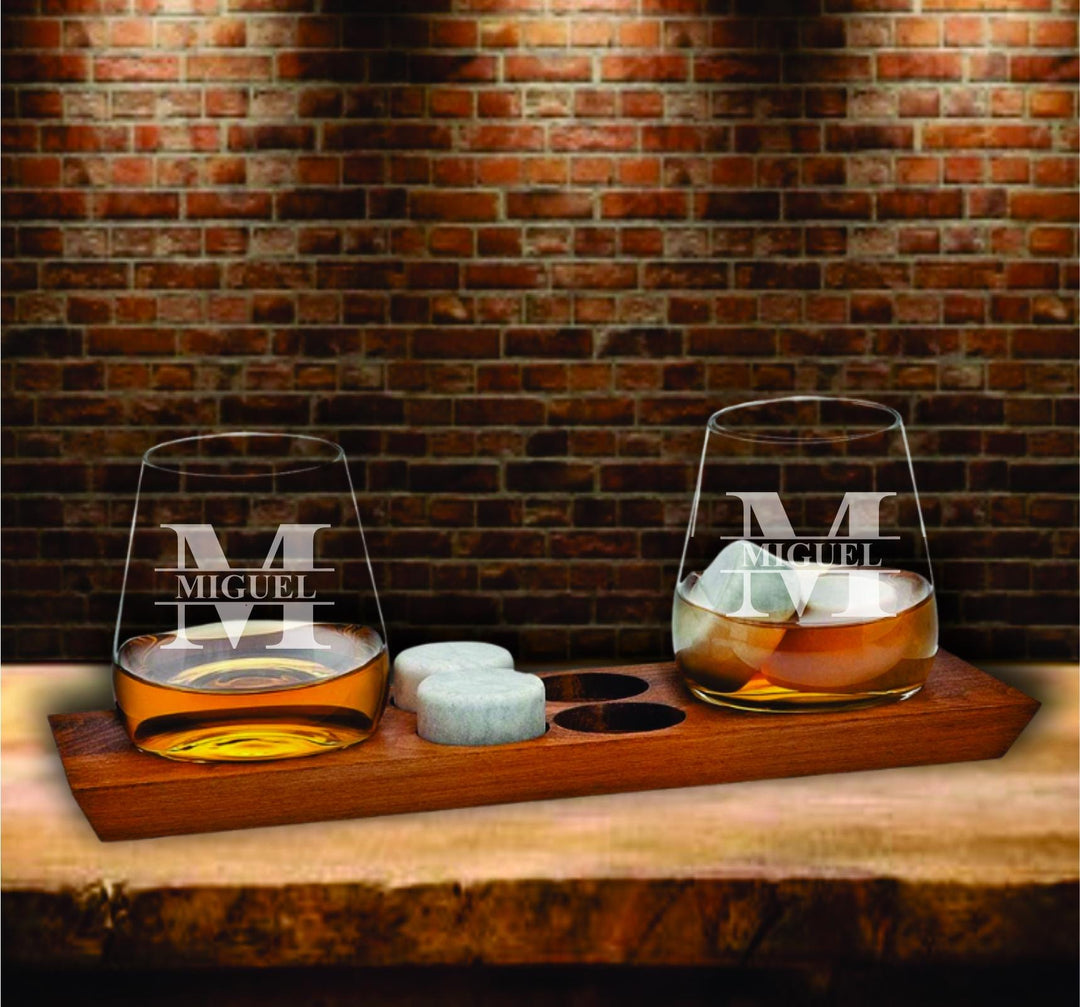 Personalized Bourbon Glasses Gift Set – Whiskey Stones & Wood Tray - Home Bar Drinkware Gift - Birthday