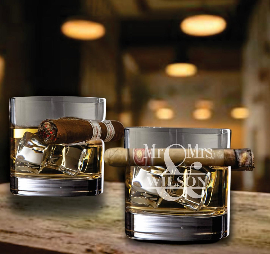 Whiskey Glass Cigar Holder & Stones Gift Set – Personalized Bourbon Glasses - Elegant Wooden Gift Box Option - Cigars Holder