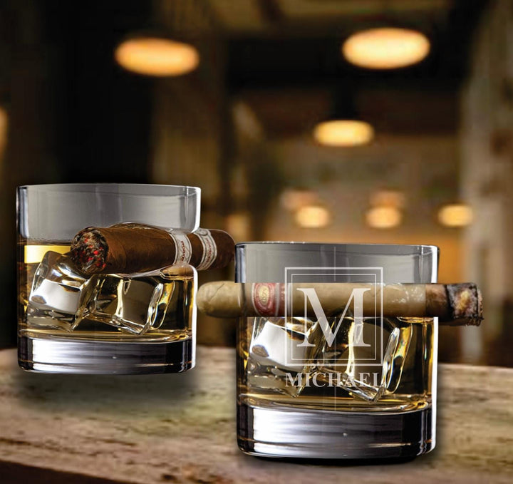 Whiskey Glass Cigar Holder & Stones Gift Set – Personalized Bourbon Glasses - Elegant Wooden Gift Box Option - Cigars Holder