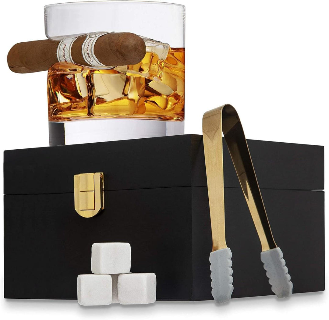 Personalized Groomsmen Gifts - Whiskey Glass Cigar Holder & Stones Gift Set - Elegant Wooden Gift Box Option - Groomsman Proposal