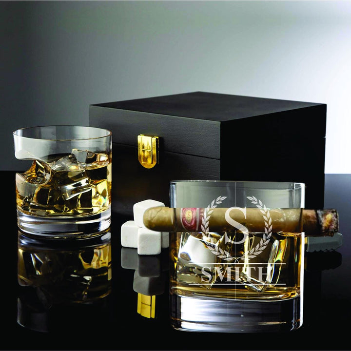 Cigar Whiskey Glass & Stones Gift Set – Personalized Bourbon Glasses - Elegant Wooden Gift Box Option - Christmas Gifting - Cigars Holder