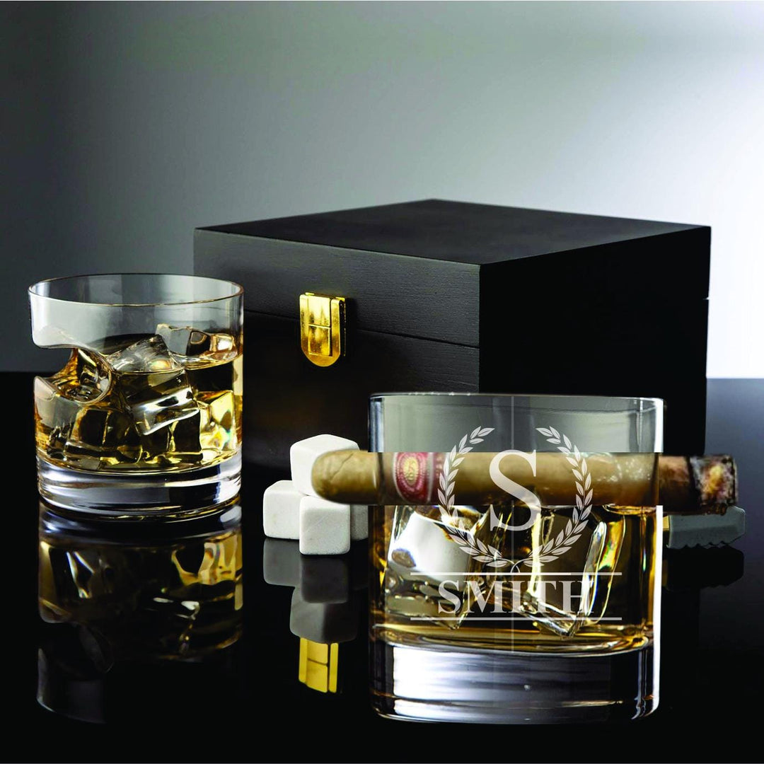 Whiskey Glass Cigar Holder & Stones Gift Set – Personalized Bourbon Glasses - Elegant Wooden Gift Box Option - Cigars Holder