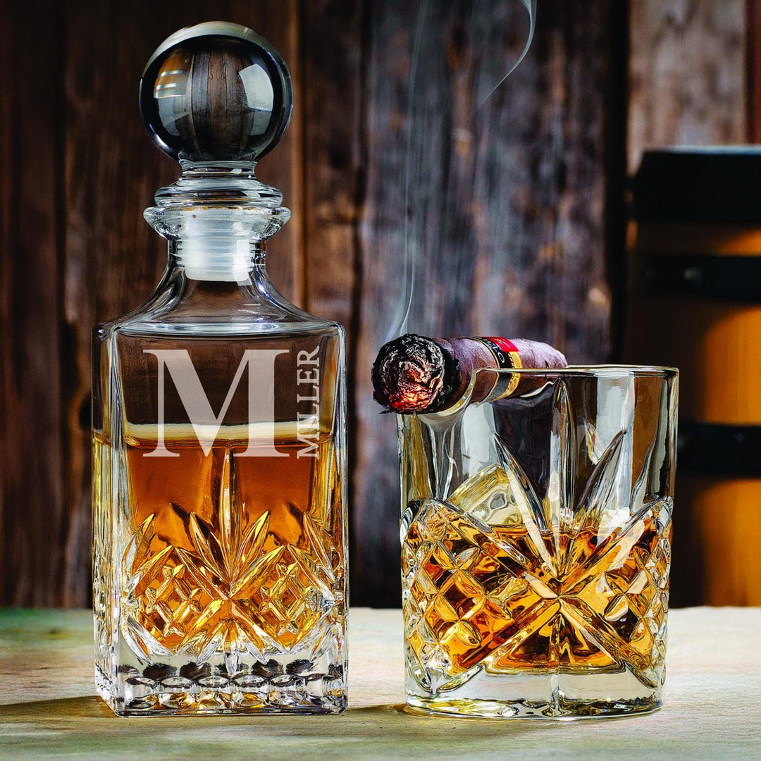 Personalized Cigar Holder Glass Decanter Set – Engraved Liquor Bottle - Bourbon DOF - Crystal Cut Decanter Gift