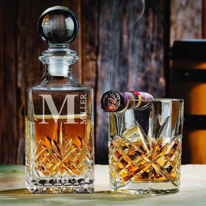 Personalized Cigar Holder Glass Decanter Set – Engraved Liquor Bottle - Bourbon DOF - Crystal Cut Decanter Gift