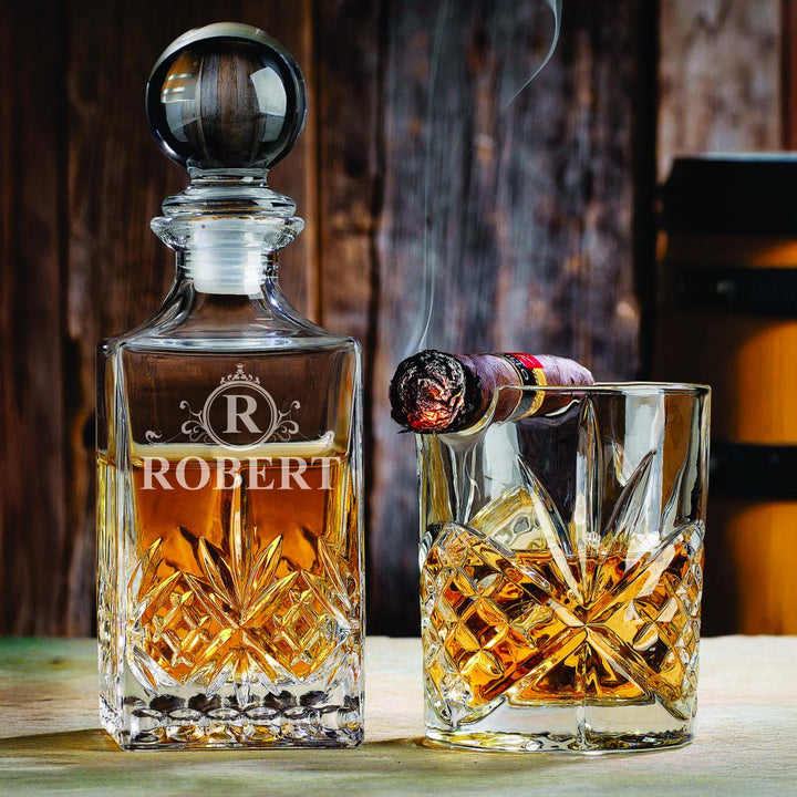 Whiskey & Rye Personalized Decanter Set – Comes with Mini Decanter and 9oz Cigar Holder Bourbon Glass - Barware Gift for Men - Home Bar