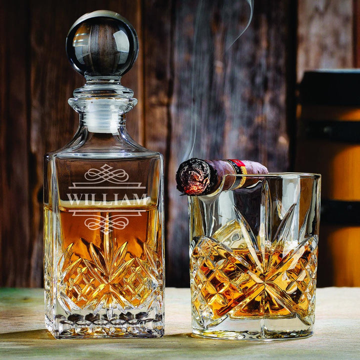 Personalized Cigar Holder Glass Decanter Set – Engraved Liquor Bottle - Bourbon DOF - Crystal Cut Decanter Gift