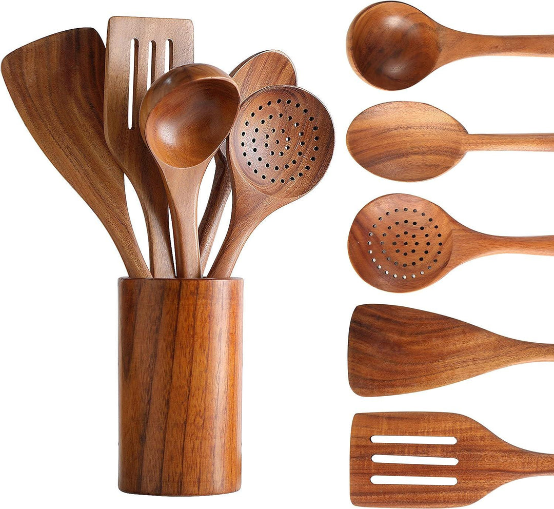 Teak Wooden Cooking Utensils Set of 6 • Natural Wood Kitchen Spoons & Spatulas with Holder • Wooden Spoon Set • Housewarming Gift