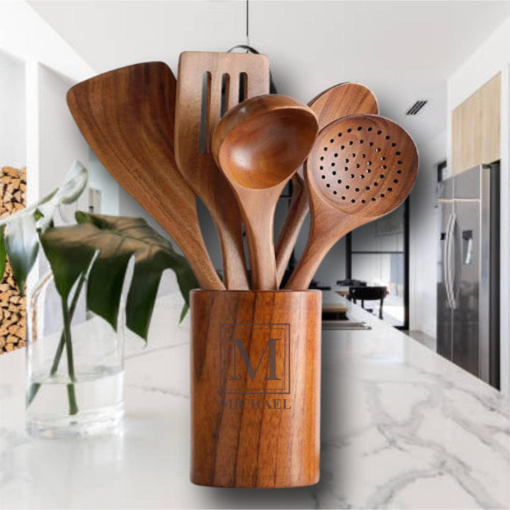 Teak Wooden Cooking Utensils Set of 6 • Natural Wood Kitchen Spoons & Spatulas with Holder • Wooden Spoon Set • Housewarming Gift