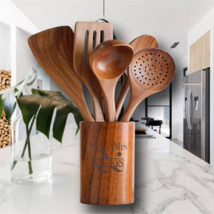 Teak Wooden Kitchen Utensils Set of 6 • Natural Wood Cooking Spoon Set with Holder • Wedding Gift for Couple • Bridal Shower Kitchen Gift
