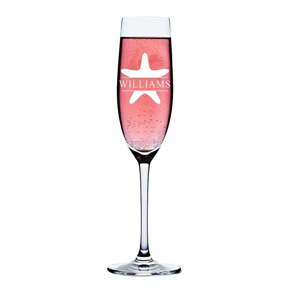 Monogram Champagne Flutes, Personalized Champagne Glass, Starfish Design glass, Personalized Wedding Gift,Engraved Champagne Glass