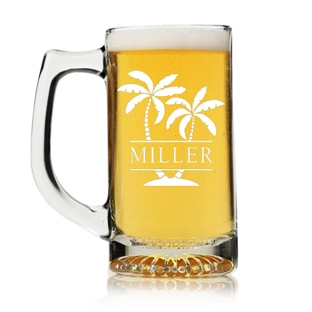 Personalized Palm Tree Beer Mug Glass, Split Monogram Beer glass, Personalized Beer Glass Gift, Engraved Beer Mugs,Groomsman Gifts,Beer Gift