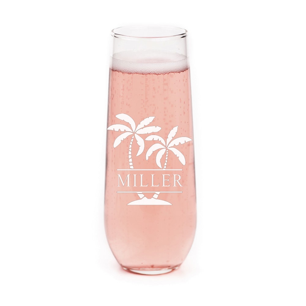 Monogram Stemless Champagne Flute, Personalized Palm Tree Champagne Glass,Personalized Wedding Toasting Flutes, Custom Bridesmaid Gifts,