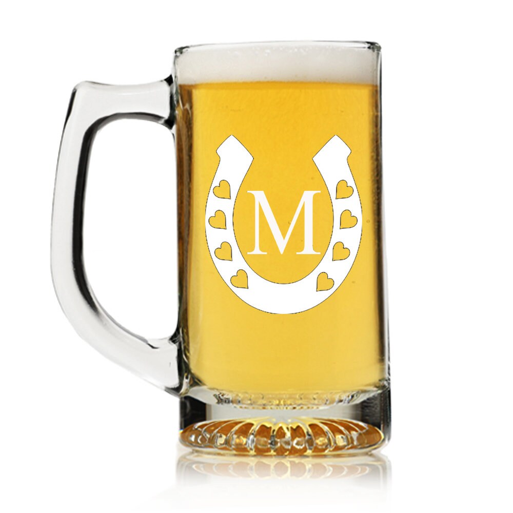 Personalized Lucky Horseshoe Monogram Beer Mug Glass, Custom Beer glass,Personalized Beer Glass Gift,Engraved Beer Mugs,Groomsman Gifts