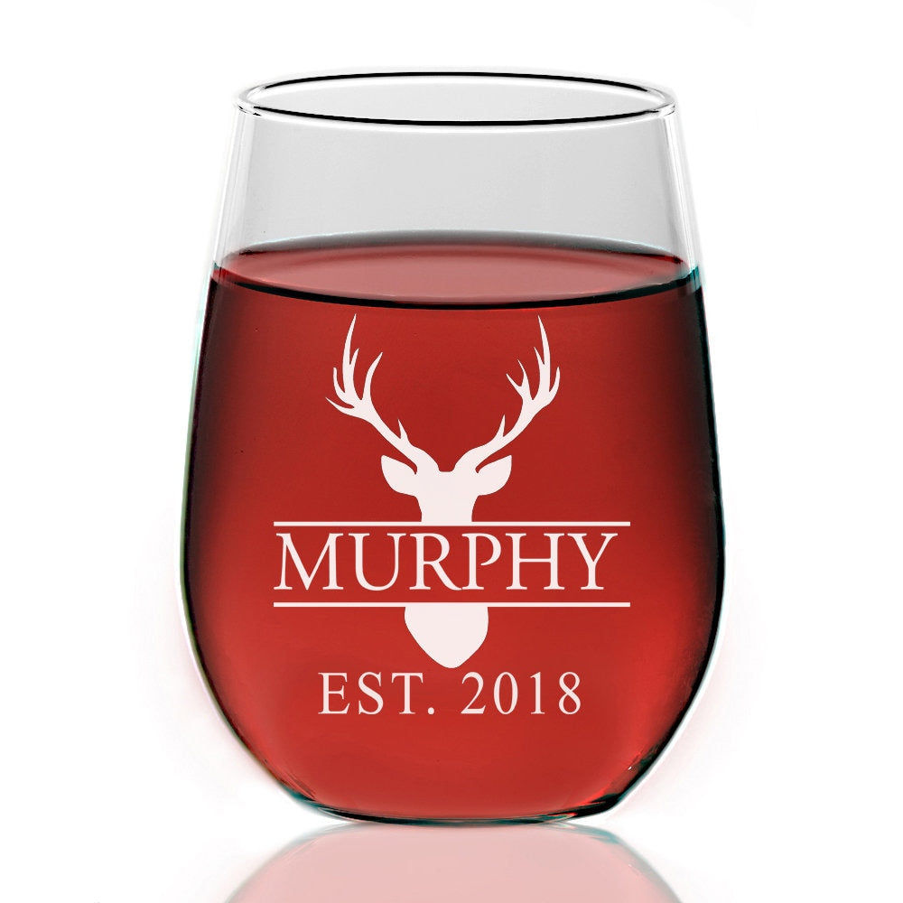 Personalized Deer Hunter Monogram Stemless Wine Glass, Engraved Wine Glass,Monogram Wine glass,Wine glass Bridesmaid Gift,Groomsman Wine