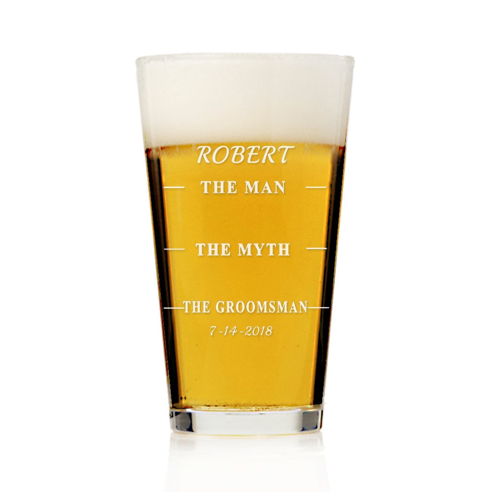 Personalized The Man, The Myth, The Groomsman Pint Beer Glass, Engraved Groomsman Beer Glass, Custom Beer Mug Groomsmen Gift, Wedding Gift