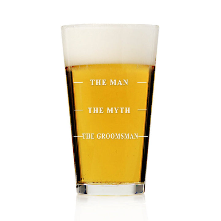 Personalized The Man, The Myth, The Groomsman Pint Beer Glass, Engraved Groomsman Beer Glass, Custom Beer Mug Groomsmen Gift, Wedding Gift