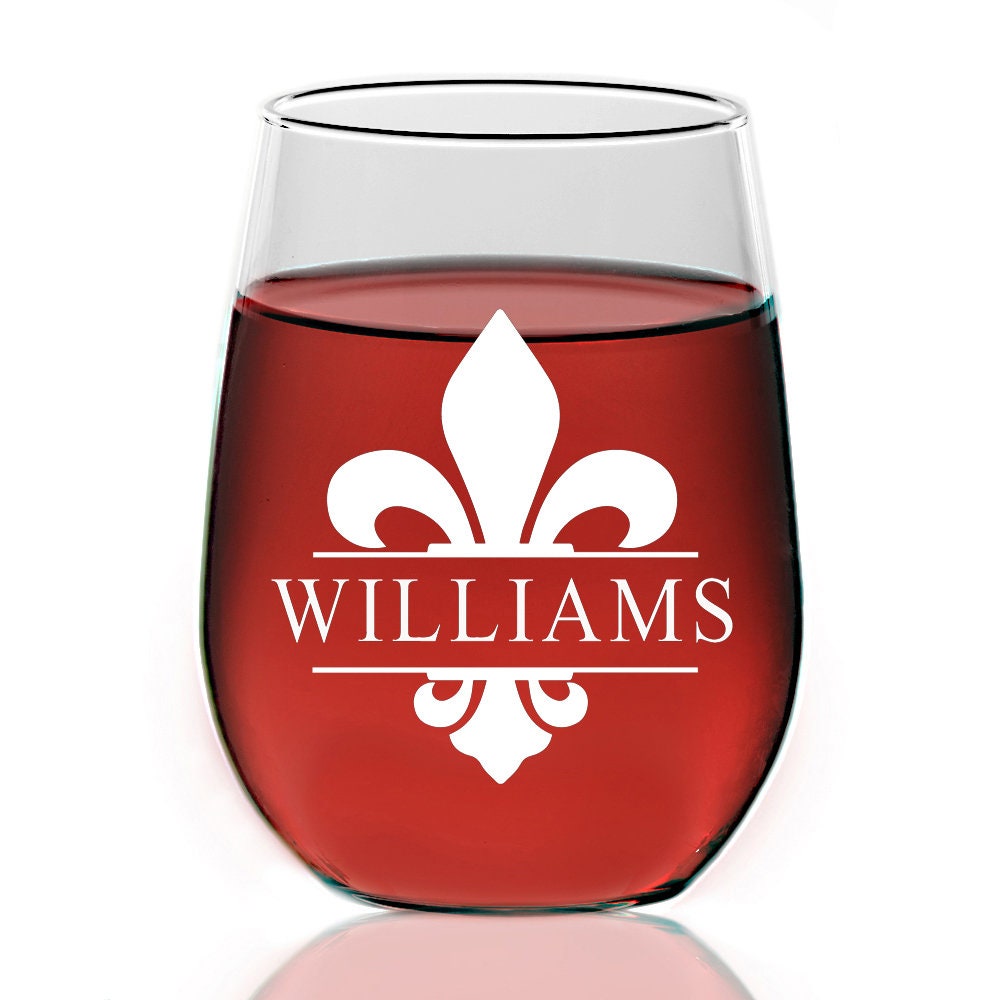 Personalized Fleur De Lis Monogram Stemless Wine Glass, Engraved Wine Glass, Monogram Wine glass,Wine glass Bridesmaid Gift,Groomsman Wine